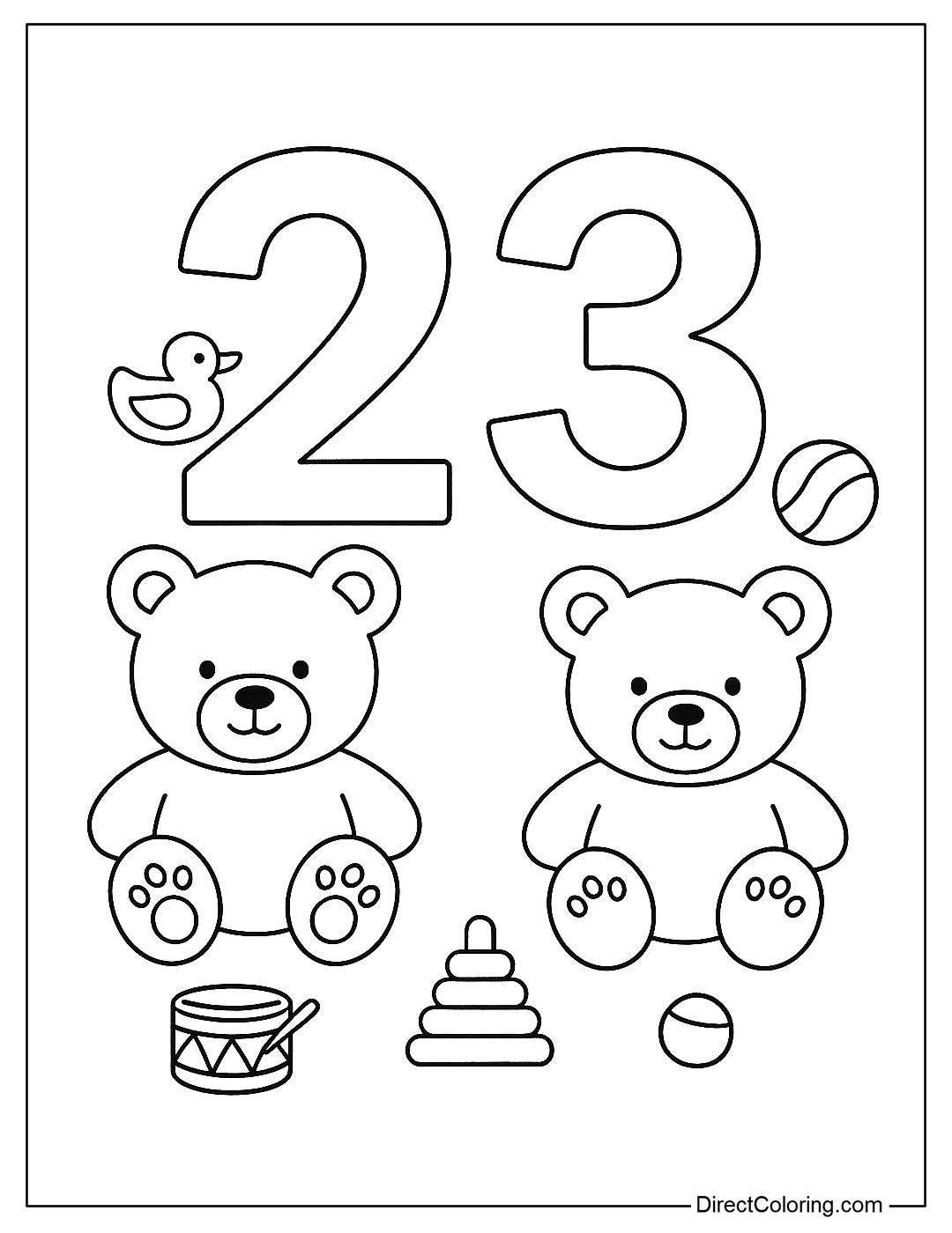 Number 23 Coloring Page with teddy bears and small toys
